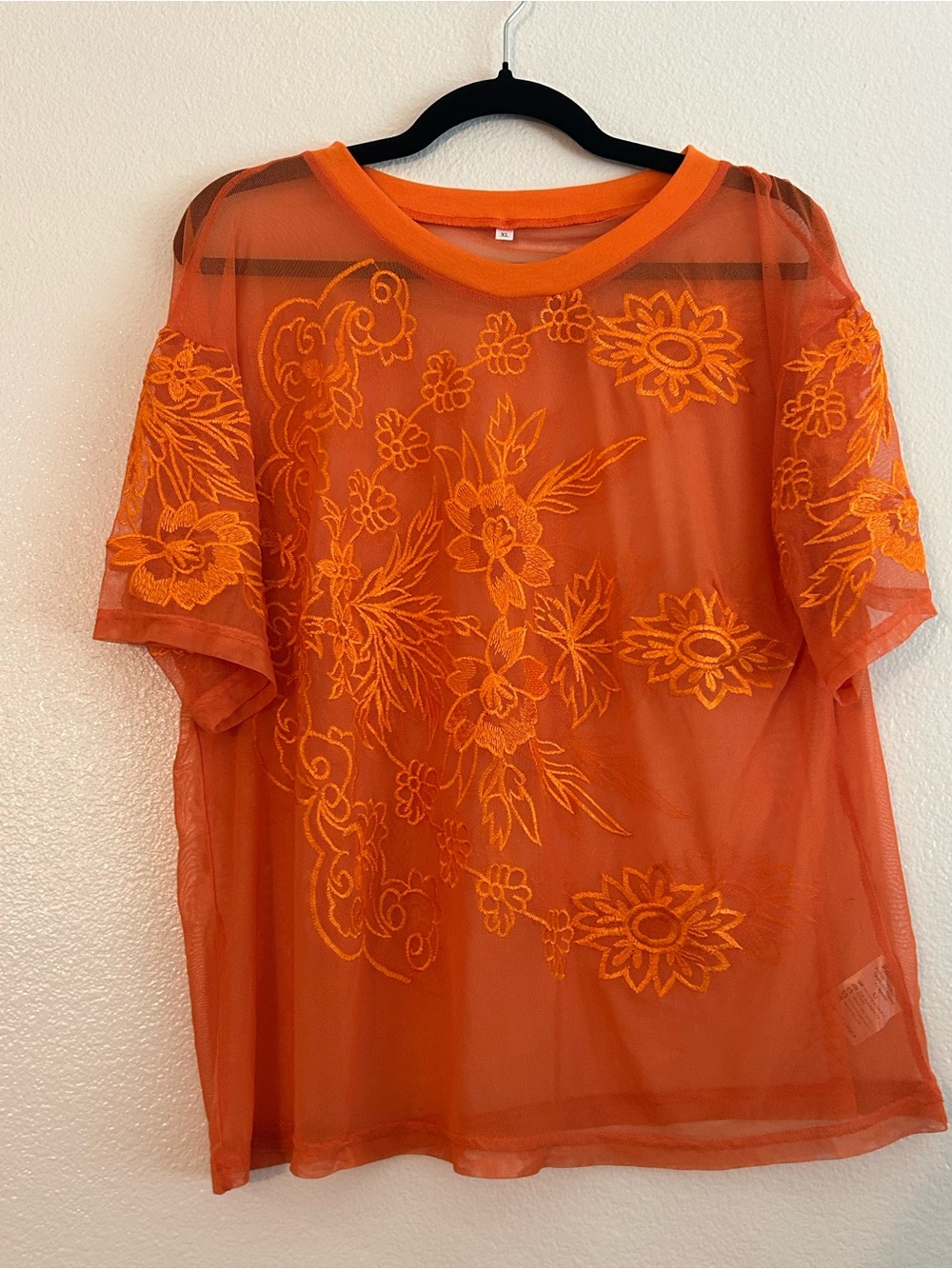 Embroidered Sheer Orange Short Sleeve Tee